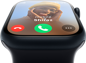 A front view of Apple Watch with an incoming phone call screen.