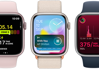 A front view of five Apple Watch devices showing how much more information is on each thanks to the Watch OS 10 update.