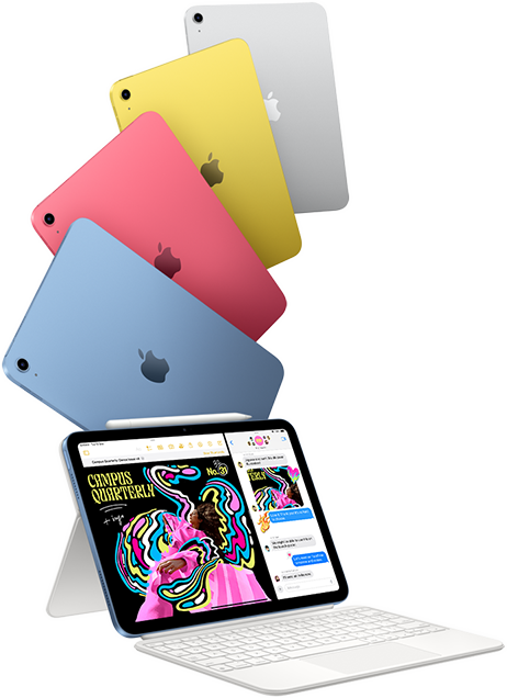 iPad in blue, pink, yellow, and silver colors and one iPad attached to the Magic Keyboard Folio.
