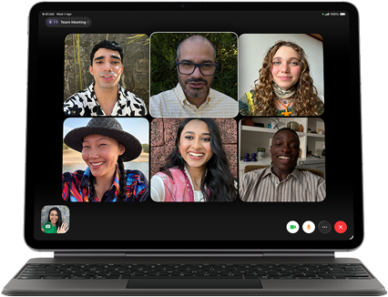 iPad Air, attached to Magic Keyboard, Black color, Group FaceTime call on screen
