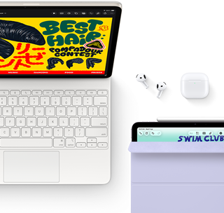 iPad Air, Starlight color, colorful graphics on screen, attached to Magic Keyboard, Airpods Pro and Apple Pencil Pro accessories