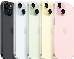 iPhone 15, back view showing advanced camera system and color-infused glass in all finishes: Black, Blue, Green, Yellow, Pink.