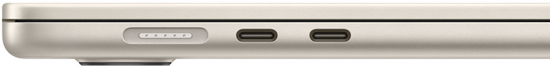 MagSafe port located on the left side, furthest back. Two Thunderbolt ports located on the left side, in front of the MagSafe port