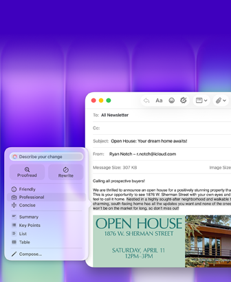 MacBook Neo screen, using Apple Intelligence Writing Tools in Mail to draft an email that contains an invitation to an open house