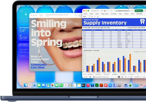 MacBook Neo screen, highlighting how macOS keeps your software current with automatic updates, an ad for an orthodontist is displayed on Preview and a Q3 cost analysis on Excel