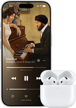 iPhone next to AirPods in charging case, case is open