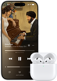 iPhone next to AirPods in charging case, case is open