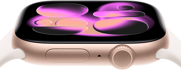 Apple Watch Series 11, aluminum rose gold case, Responsive Art watch face, right side exterior: Digital Crown, microphone, side button, light blush Sport Band