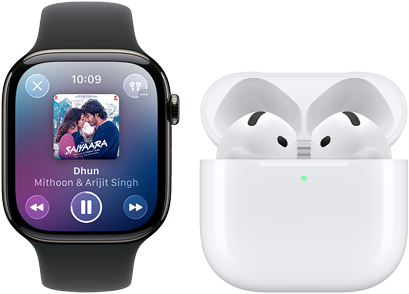 Apple Watch Series 11, titanium slate case, band: black sport band, Apple Music app open, paired with AirPods 4