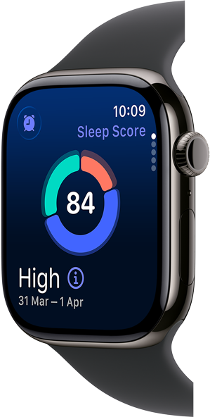 Up close Apple Watch Series 11 with a titanium slate case, showing sleep score on screen
