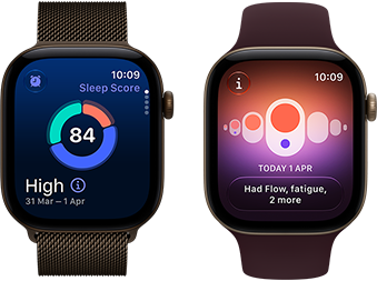 Apple Watch Series 12, aluminium case, dark bronze colour, sleep score circle graph, Digital Crown, Milanese Loop strap, dark bronze colour