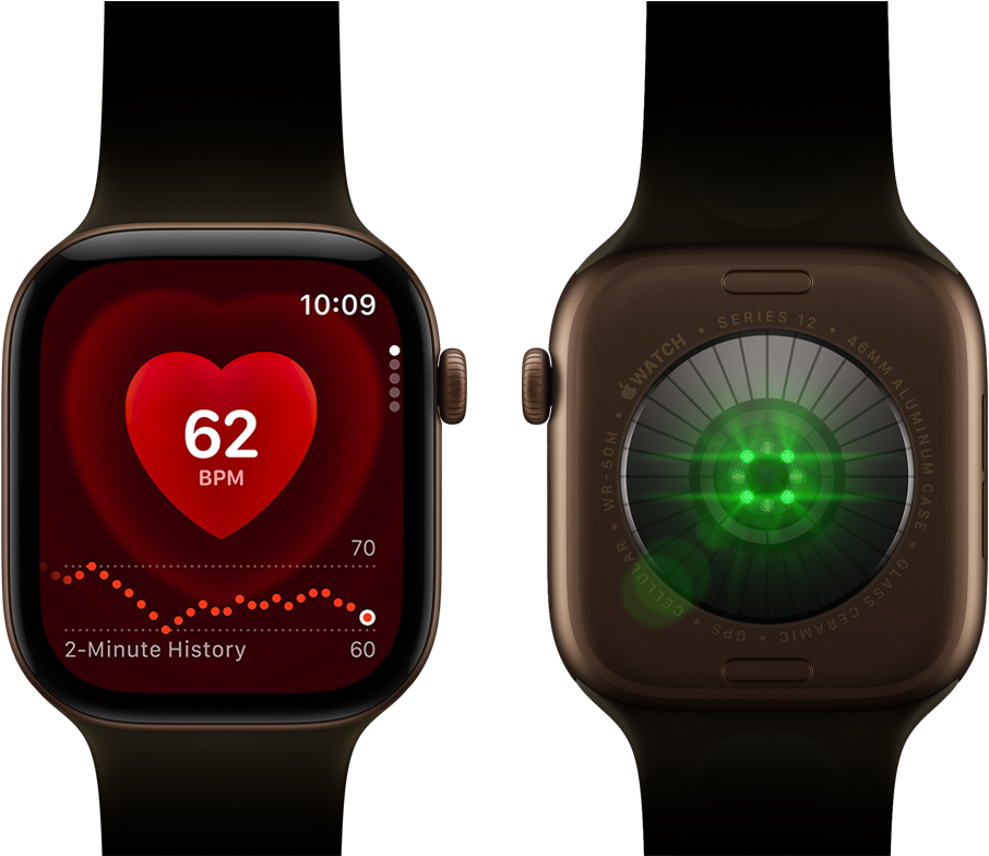 Two Apple Watch Series 12 devices, aluminum case, dark bronze color with olive Sport Band, one showing the Heart Rate app, the other with the Health Sensing System on the back of the watch, with glowing green LED lights
