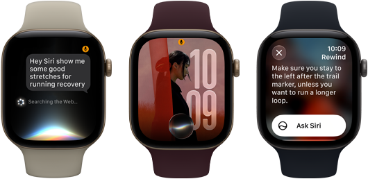 Three Apple Watch Series 12 devices, one with light gold aluminum case, Siri AI conversation, sand Sport Band, one with light gold aluminum case, personalized photo on watch face with Siri AI complication, burgundy Sport Band, and one with space gray aluminum case, Siri Recap, black Sport Band