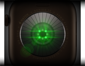 Back of Apple Watch Series 12, aluminum case, dark bronze color, multiple round sensors with glowing green LED lights, left side exterior, Digital Crown, Sport Band, olive color