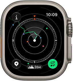 Apple Watch Ultra 4, titanium case, natural color, Backtrack showing route with compass directions, right side exterior, Digital Crown, raised side button