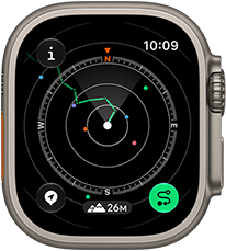 Apple Watch Ultra 4, titanium case, natural color, Backtrack showing route with compass directions, right side exterior, Digital Crown, raised side button