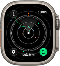 Apple Watch Ultra 4, titanium case, natural color, Backtrack showing route with compass directions, right side exterior, Digital Crown, raised side button