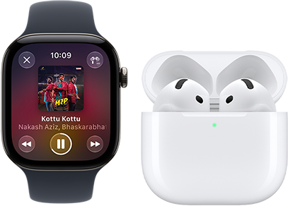 Apple Watch Series 12, Aluminium case, black color, black Sport Band, Apple Music app open, paired with AirPods 4