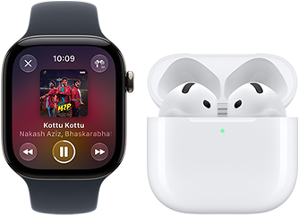Apple Watch Series 12, Aluminium case, black color, black Sport Band, Apple Music app open, paired with AirPods 4