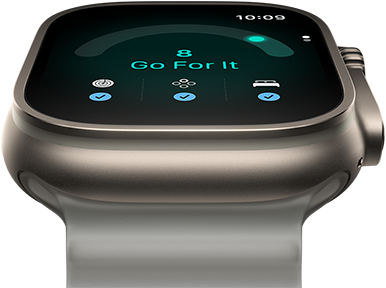 Apple Watch Ultra 4, titanium case, natural color, readiness score of 8, right side exterior, Digital Crown, raised side button, Ocean Band, translucent gray color