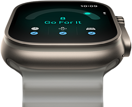 Apple Watch Ultra 4, titanium case, natural color, readiness score of 8, right side exterior, Digital Crown, raised side button, Ocean Band, translucent gray color