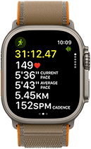 Apple Watch Ultra 4, titanium case, natural color, advanced Outdoor Run workout metrics, right side exterior, Digital Crown, raised side button, Trail Loop band, sand color