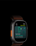 Apple Watch Ultra 4, titanium case, black color, Race Route feature with a map of a running route, left side exterior, Action button, Alpine Loop band, burgundy color