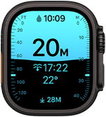 Apple Watch Ultra 4, titanium case, black color, Depth app showing diving metrics, right side exterior, Digital Crown, raised side button