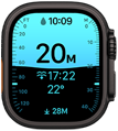 Apple Watch Ultra 4, titanium case, black color, Depth app showing diving metrics, right side exterior, Digital Crown, raised side button