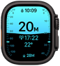 Apple Watch Ultra 4, titanium case, black color, Depth app showing diving metrics, right side exterior, Digital Crown, raised side button