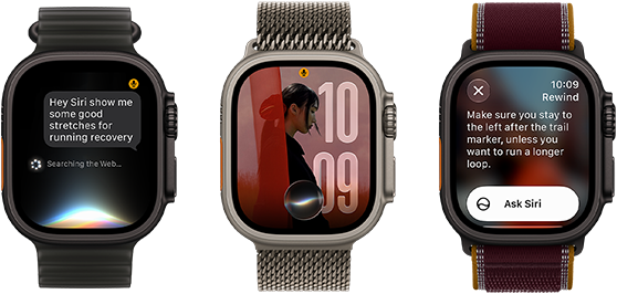 Three Apple Watch Ultra 4 devices, one with black titanium case, Siri AI conversation, translucent black Ocean Band, one with natural titanium case, personalized photo on watch face with Siri AI complication, natural titanium Milanese Loop band, and one with black titanium case, Siri Recap, burgundy Trail Loop band