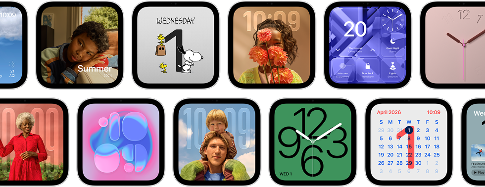 Apple HomeView, multiple devices: displaying various faces, including digital and analog clock styles with wallpapers featuring a variety of photos and illustrations