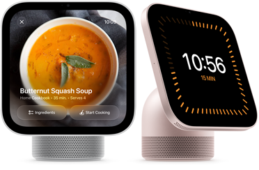 Apple HomeView, two devices: silver color, displaying butternut squash soup recipe, rose pink color, showing timer displaying 10 minutes and 56 seconds