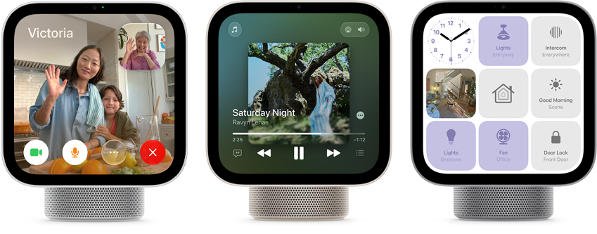 Apple HomeView, three devices, front exterior, from left to right: silver color, displaying FaceTime call with multiple participants, starlight color (pale gold), showing Apple Music app, and space gray color, displaying a grid of nine smart home controls