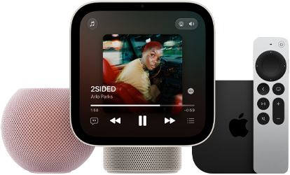 HomePod mini 2 speaker pink color, mesh fabric exterior, Apple HomeView device, starlight (pale gold) color, front exterior, displaying Apple Music app, Apple TV 4K, top exterior, black color with Apple logo, shown with Siri remote, silver color, front exterior
