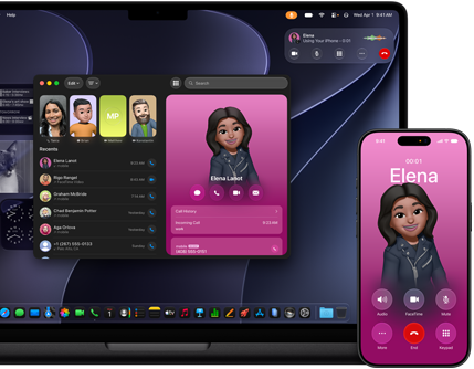 MacBook Pro and iPhone, Phone app open, same contact displayed on both screens