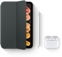 iPad mini, displayed with compatible accessories including Smart Folio for iPad mini (A20 Pro), Apple Pencil USB-C, and AirPods Pro 3
