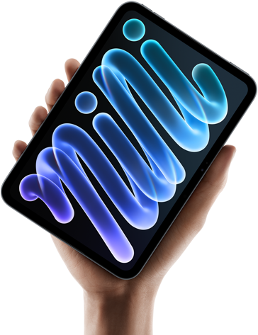 iPad mini, front view, held in hand, black enclosure, displaying blue and purple abstract shapes on screen