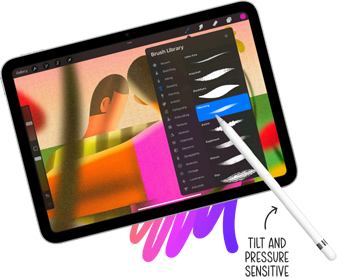 Apple Pencil selecting brush style from Brush Library on iPad. Annotation pointing to Apple Pencil reading “Tilt and pressure sensitive”