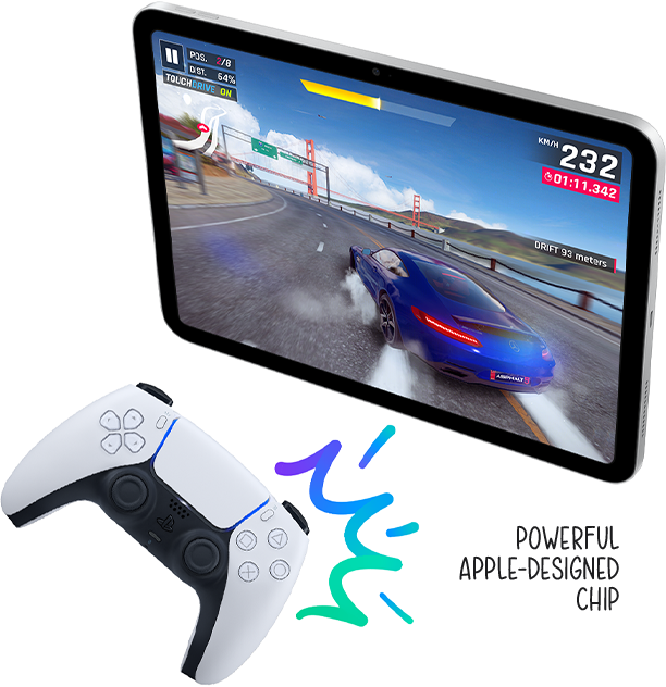 Game controller wirelessly connected to iPad. Annotation pointing to iPad reading “Powerful Apple-designed chip”