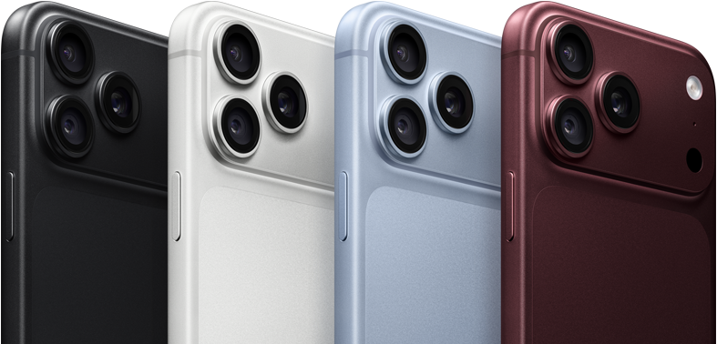 iPhone 18 Pro devices in a row, back exterior, all four colors: Black, Glacier, Silver, Burgundy, Pro Fusion camera system in top left corner, 3 lenses, microphone, flash