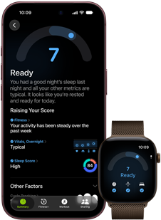 iPhone 18 Pro, black, front exterior, displaying the results of the Readiness status (score of 7), paired with Apple Watch, front facing, brown, displaying the same Readiness score of 7