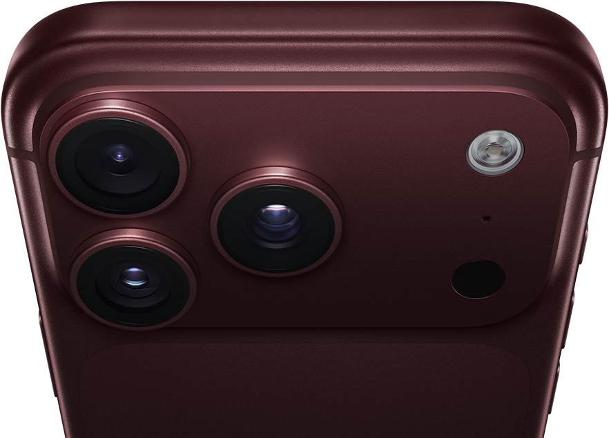 iPhone 18 Pro Max, burgundy color (dark red), back exterior, Pro Fusion camera system at top, 3 lenses, variable aperture blades partially closed, flash, microphone and LiDAR Scanner, top exterior, cellular antenna, flat sides, rounded edges