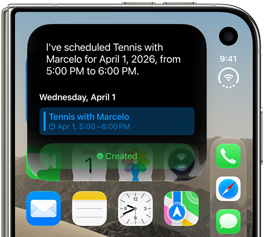 iPhone Duo, folded, outer display shows Siri AI notification indicating a calendar update