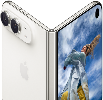iPhone Duo, partially open like a book with hinge mechanism in the center, exterior back panel on the left features an Apple logo and dual-camera, outer display on the right shows a portrait photo of a person with blonde hair