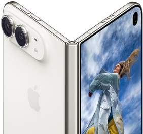 iPhone Duo, partially open like a book with hinge mechanism in the center, exterior back panel on the left features an Apple logo and dual-camera, outer display on the right shows a portrait photo of a person with blonde hair