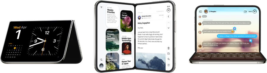 iPhone Duo, various positions: inverted open landscape orientation, unfolded at slight angle, exterior display, all-screen design. Slightly open like a book and standing upright. Open landscape orientation, unfolded at right angle, interior display, all-screen design