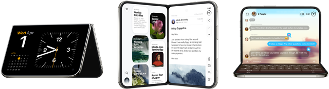 iPhone Duo, various positions: inverted open landscape orientation, unfolded at slight angle, exterior display, all-screen design. Slightly open like a book and standing upright. Open landscape orientation, unfolded at right angle, interior display, all-screen design